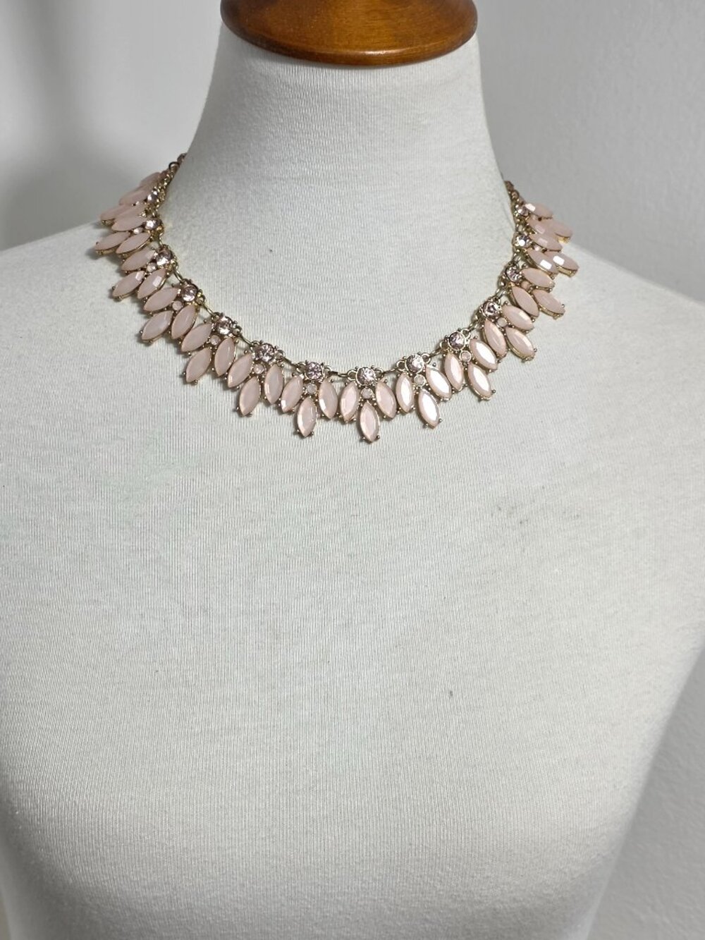 Vintage-Inspired Gold Tone Bib Statement Necklace Pink Marquis Cut Cabochons